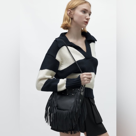 ZARA FRINGED GENUINE LEATHER BUCKET BAG - Picture 2 of 11